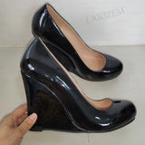 Women's Platform Wedge Patent Pumps - Black - Wedge Shoes - 4 B - PU Patent Leather - image 4