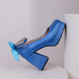 Women's Square Toe Block Heel Platforms - Blue - Platform Heels - US14-EU45-27.5CM - PU Leather - image 49