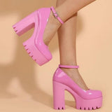 Women's High Platform Buckle Strap Shoes - Black - Patent - Chunky Platform Shoes - 42 B - PU Leather - image 26