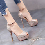 Women's Shimmery High Heel Stilettos - Gold - Super High Heels - 39 B - PU Leather - image 6