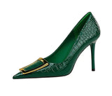 Women's Metal Buckle Pointed Toe Pumps - Green - Formal Shoes - 40 B - PU Leather - image 37