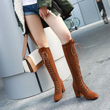 Women's Suede Lace Up Knee High Boots - Apricot - Lace Up Boots - 15 B - PU Suede Leather - image 26