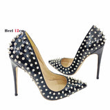 Women's Spikes Rivets Super High Stilettos - Black - 12cm Spike Stilettos - 46 B - PU Leather - image 21