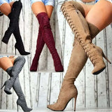 Women's Over Knee Lace Up Stiletto Boots - Gray - Over Knee Boots - 43 B - PU Suede Leather - image 7