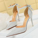 Women's Glitter Bow Knot Strappy Heels - Gold - Prom Shoes - 43 B - PU Leather - image 7