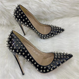 Women's Spikes Rivets Super High Stilettos - Black - 12cm Spike Stilettos - 46 B - PU Leather - image 10