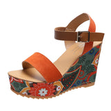 Women's Floral Platform Wedge Sandals - Orange - Retro Print Wedges - 42 B - PU Leather - image 30