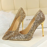 Women's High Heel Glitter Prom Pumps - Gold - 9.5cm / Glitter Shoe - 43 B - PU Leather - image 2