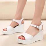 Women's Wedge Heel Summer Sandals - Black - 11.5cm heel - 12 B - PU Leather - image 5