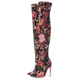 Women's Floral Stretch Cloth Long Boots - Pink - Floral - 45 B - Plush Stretch Material - image 9