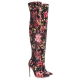 Women's Floral Stretch Cloth Long Boots - Pink - Floral - 45 B - Plush Stretch Material - image 11