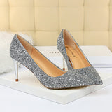 Women's High Heel Glitter Prom Pumps - Gold - 9.5cm / Glitter Shoe - 43 B - PU Leather - image 33