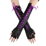 Women's Elbow Length Fingerless Gloves - Black - Lace Up Gloves - One Size - Acetate - image 4