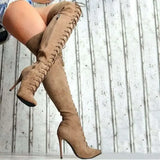 Women's Over Knee Lace Up Stiletto Boots - Gray - Over Knee Boots - 43 B - PU Suede Leather - image 6