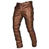 Men's PU Leather Motorcycle Cargo Pants - Brown - Men's Pants - 5XL - PU Leather - image 9