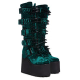 Women's Green Wedge Platform Rivet Boots - Green - Velvet Platform Boots - 43 B - PU Leather - image 3