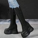 Women's Leather Platform Lace Up Wedges - Black  - Suede - Wedge Boots - 3 B - Genuine Leather - image 9