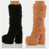Women's Knee-High Fuzzy Platform Boots - Beige - Fuzzy Boots - 42 B - Faux Fur/PU Leather - image 1