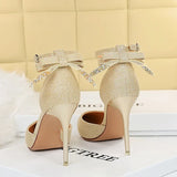 Women's Glitter Bow Knot Strappy Heels - Gold - Prom Shoes - 43 B - PU Leather - image 23