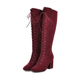 Women's Suede Lace Up Knee High Boots - Apricot - Lace Up Boots - 15 B - PU Suede Leather - image 18