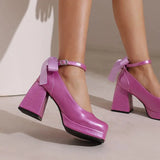 Women's Square Toe Block Heel Platforms - Blue - Platform Heels - US14-EU45-27.5CM - PU Leather - image 37