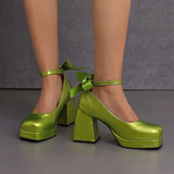 Women's Square Toe Block Heel Platforms - Blue - Platform Heels - US14-EU45-27.5CM - PU Leather - image 4