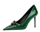 Women's Patent Metal Buckle Luxury Heels - Green - 10cm Heels - 43 B - PU Leather - image 27