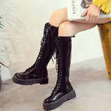 Women's Men's Knee High Lace Up Boots - Black - Matte 1 / Knee High Boots - 48 B - PU Leather - image 8