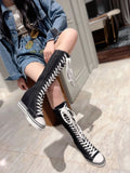 Women's Knee High Platform Canvas Boots - Black - High Top Canvas Sneakers - 40 B - Canvas - image 17