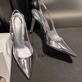 Women's Shiny Metallic Stiletto Slingbacks - Silver - Slingbacks - 42 B - PU Leather - image 8