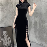 Women's Long Gothic Velvet Spilt Dress - Black - Dress - XXXL - Velvet - image 6