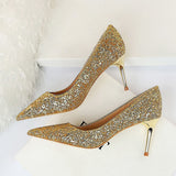 Women's High Heel Glitter Prom Pumps - Gold - 9.5cm / Glitter Shoe - 43 B - PU Leather - image 20