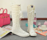 Women's Canvas Knee High Lace Up Boots - White - 2cm Heel - 43 B - Canvas - image 15