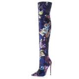 Women's Floral Stretch Cloth Long Boots - Blue - Floral - 45 B - Plush Stretch Material - image 17