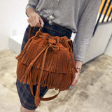 Handbags Women's Fringe Bucket Bag - Black - Medium - PU Suede Leather - image 7
