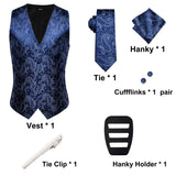 Men's Formal 4 Pcs Silk Slim Waistcoat Sets - Dark Blue - MS-0020 - 4 PCS - Vest Set - XXXL - Silk - image 26