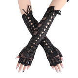 Women's Elbow Length Fingerless Gloves - Black - Lace Up Gloves - One Size - Acetate - image 7