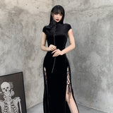 Women's Long Gothic Velvet Spilt Dress - Black - Dress - XXXL - Velvet - image 8