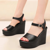 Women's Wedge Heel Summer Sandals - Black - 11.5cm heel - 12 B - PU Leather - image 4