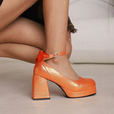 Women's Square Toe Block Heel Platforms - Blue - Platform Heels - US14-EU45-27.5CM - PU Leather - image 17