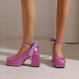 Women's Square Toe Block Heel Platforms - Blue - Platform Heels - US14-EU45-27.5CM - PU Leather - image 41
