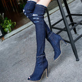Women's Denim Over Knee Stiletto Boots - Light Blue - Stiletto Boots - 41 B - PU/Canvas - image 23