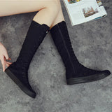 Women's Canvas Knee High Lace Up Boots - White - 2cm Heel - 43 B - Canvas - image 24