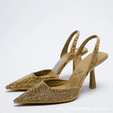 Women's Shiny Beaded Mid Heeled Mules - Gold - Slingback Mules - 43 B - PU Leather - image 22