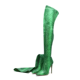 Women's Snake Print Cloth Long Boots - Green - Snake Print - 45 B - Plush Stretch Material - image 15