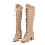Women's Suede Lace Up Knee High Boots - Apricot - Lace Up Boots - 15 B - PU Suede Leather - image 12