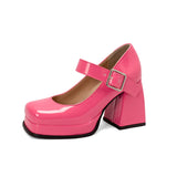 Women's High Patent Square Toe Pumps - Pink - High Mary Janes - 43 B - PU Patent Leather - image 2
