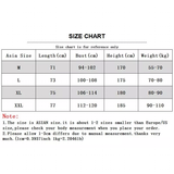 Size chart detailing Asian sizes M to XXL, including measurements for length, bust, height, and weight. Important notes included.