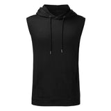 Sleeveless black hoodie with a front pocket and adjustable drawstrings, conveying a casual and sporty tone. Clean and minimalist design.