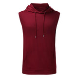 Sleeveless maroon hooded top with drawstrings and a front pocket. Casual and sporty look, conveying a relaxed and stylish tone.